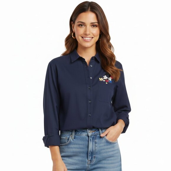 Disney Navy Blue Button-Up Shirt with Mickey Mouse Embroidery - Picture 1 of 13